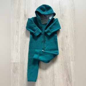 Wool hooded onesie, teal green